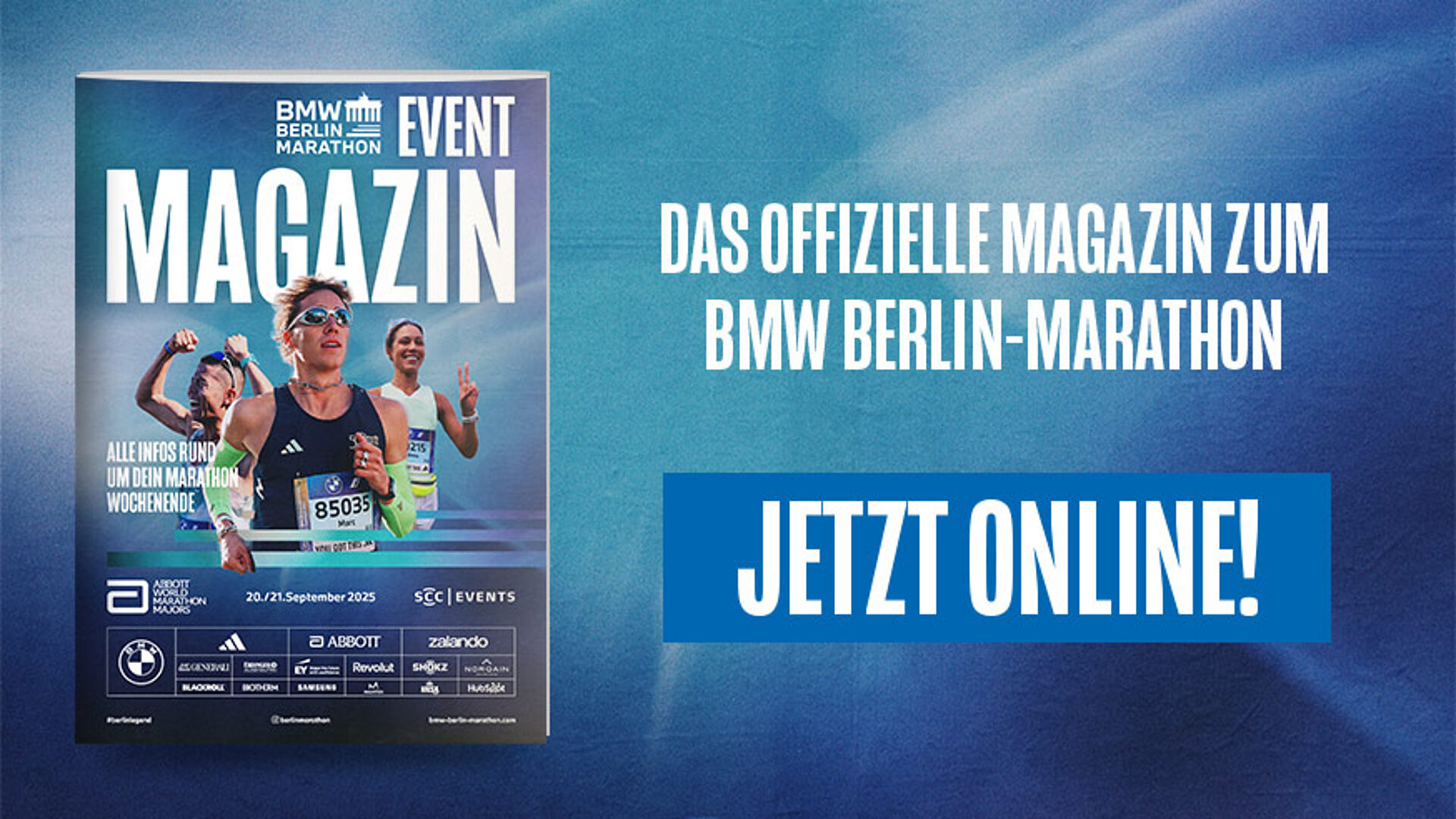 Mockup des Event Magazins zum 51. BERLIN-MARATHONS. Daneben in fetter Schrift: "Das offizielle Magazin zum BMW BERLIN-MARATHON. JETZT ONLINE!"