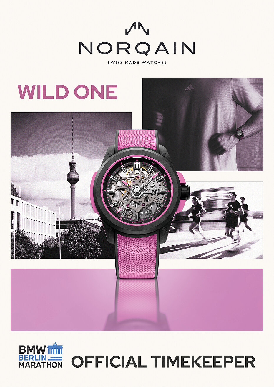 Collage with NORQAIN Wild One watch in pink in the center; images of Berlin and runners in the background.