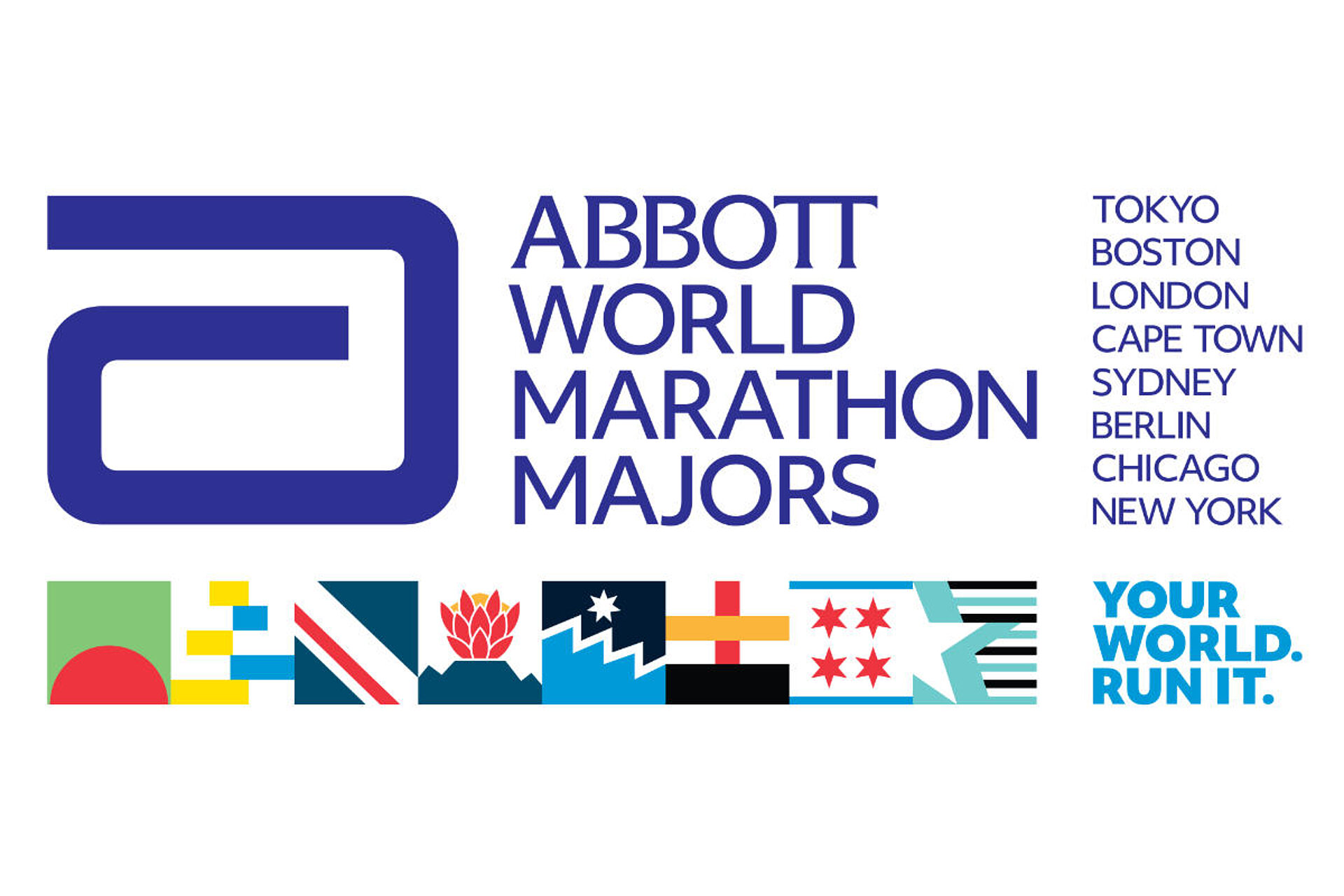  An expanded logo for the Abbott WMM featuring the names of the eight participating cities, the flags of the marathons, and the slogan: ‘Your World. Run it.’