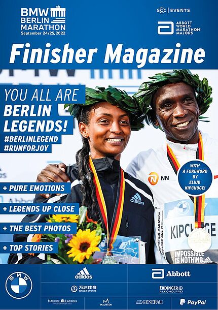 Winner Assefa and Kipchoge on the cover of the BMW BERLIN-MARATHON finisher magazine