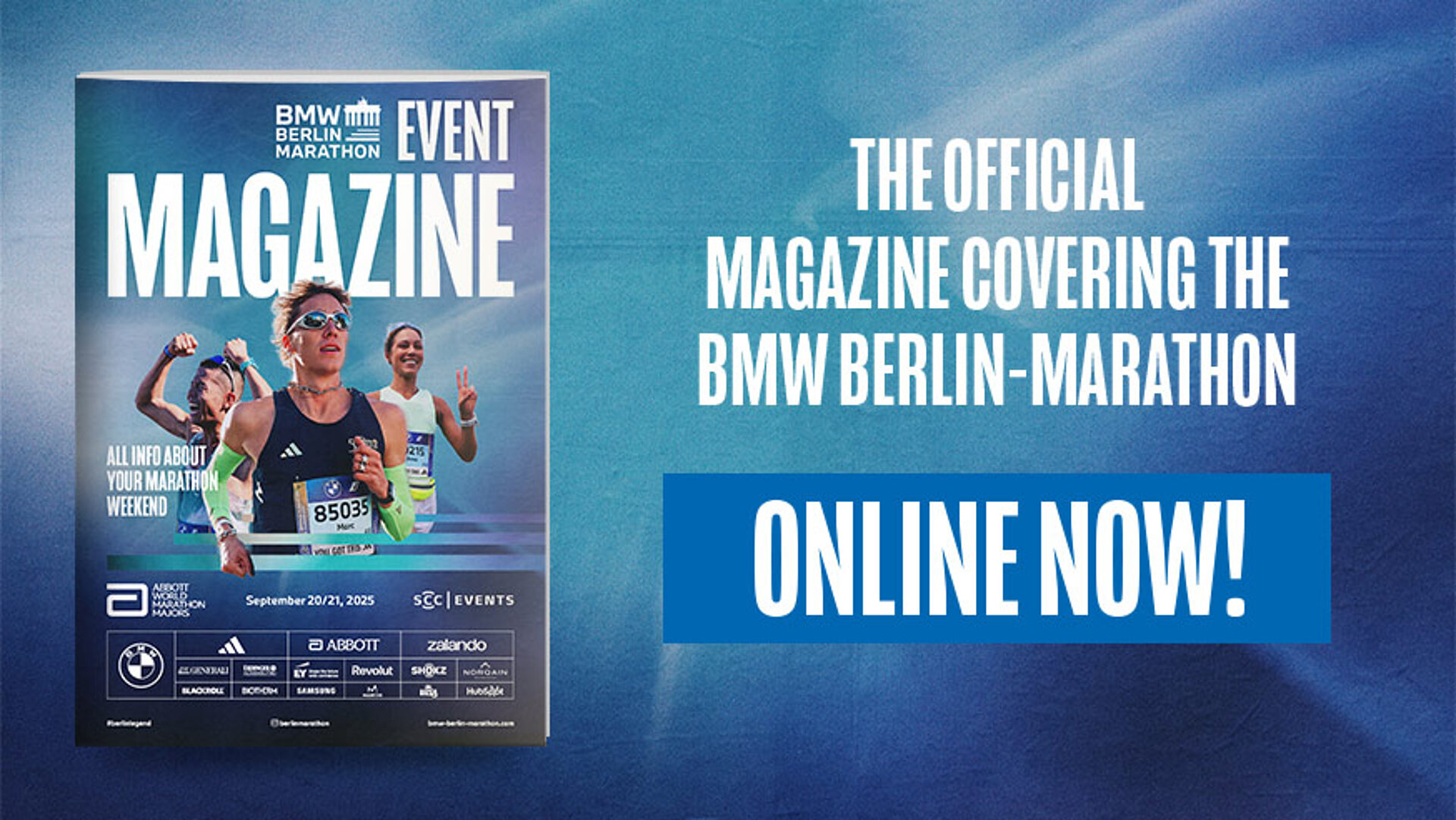 Mockup of the event magazine for the 51st BERLIN MARATHON. Next to it in bold letters: “The official magazine for the BMW BERLIN MARATHON. NOW ONLINE!”