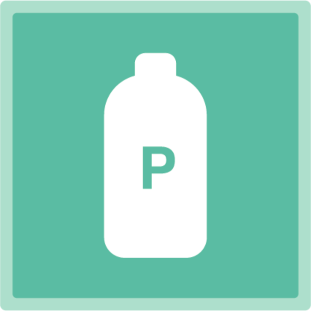 Icon einer weißen Flasche mit aufgedrucktem Buchstaben P auf türkisfarbenem Hintergrund.