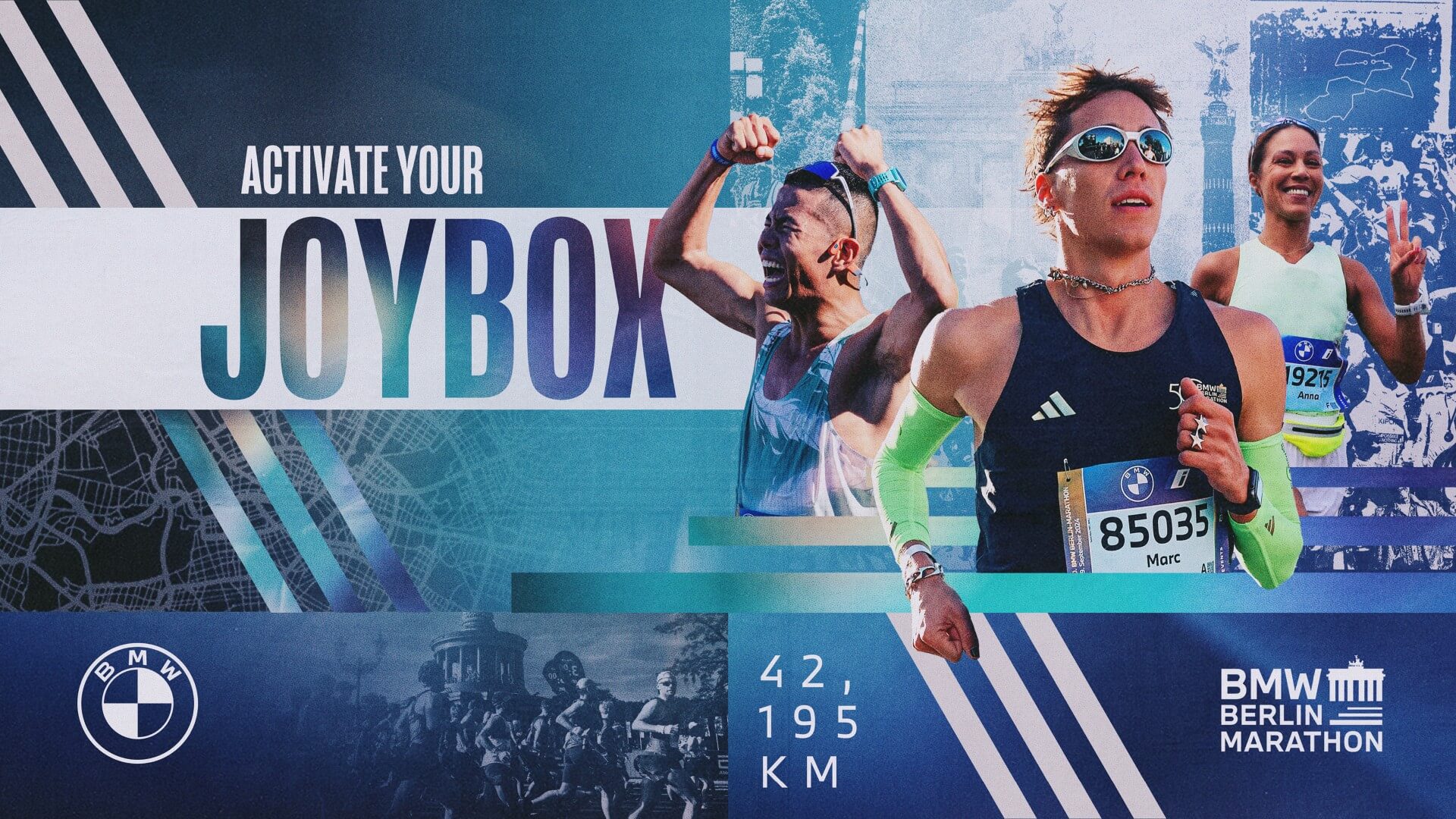 Photo montage with a section of the track, athletes, and the text “Activate your Joybox”